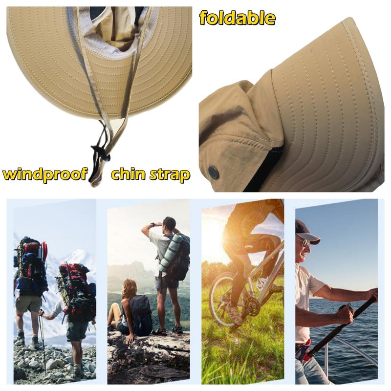 LLmoway Mens Outdoor Sun Protection Cap Wide Brim Breathable Mesh Boonie Hat with Neck Flap Khaki - Image 5